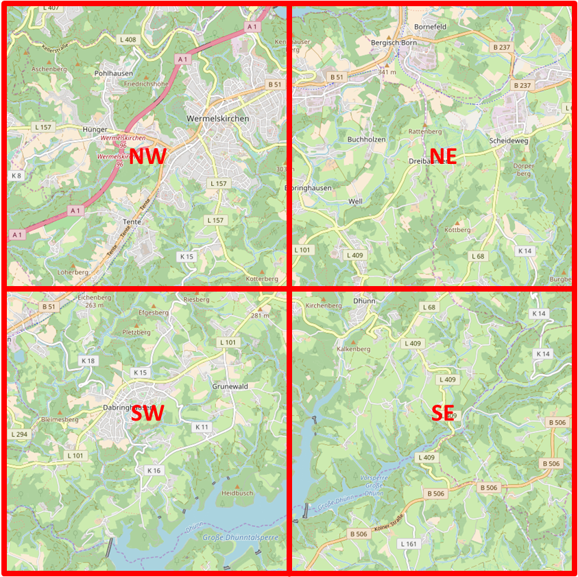 Ein Quadtree unterteilt das Gebiet regelmässig in die vier Quadranten NE, SE, NW, SW 